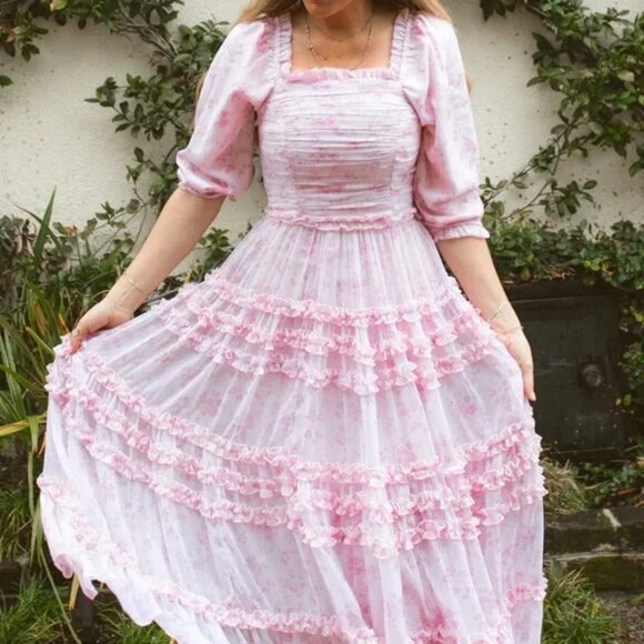 Ivy City Aniston Dress Small Short Puffy Sleeve Floral Tiered Smocked Ruffle NWT - Picture 1 of 14
